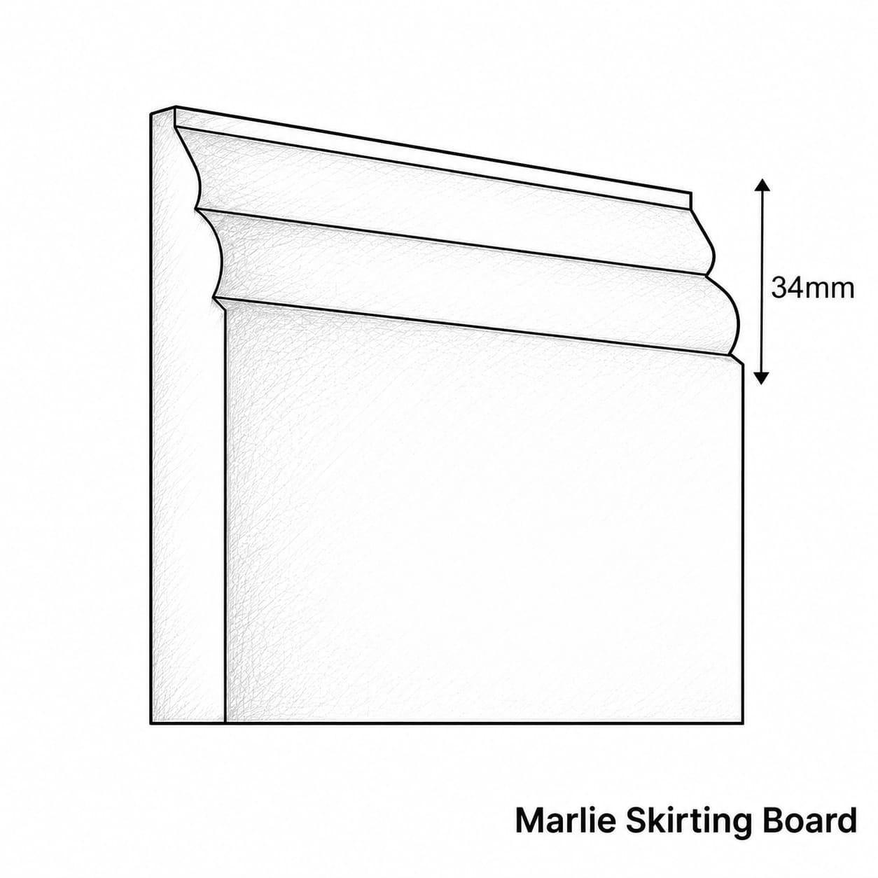 A black and white line drawing of a decorative wall molding or skirting board profile, with a vertical dimension arrow labeled 34mm and the text 'Marlie Skirting Board' below.