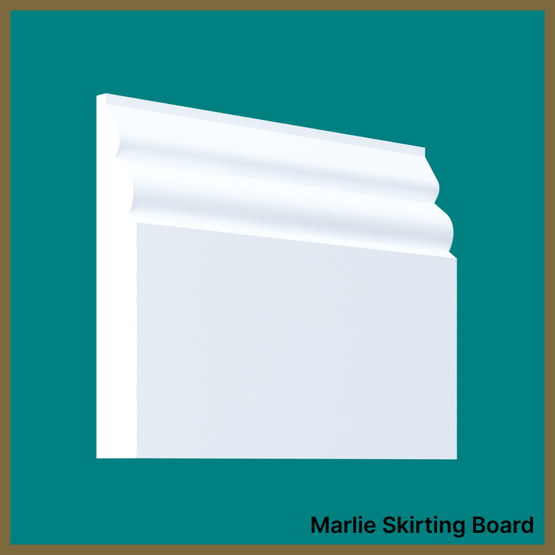 White skirting board on a teal background with 'Marlie Skirting Board' text.