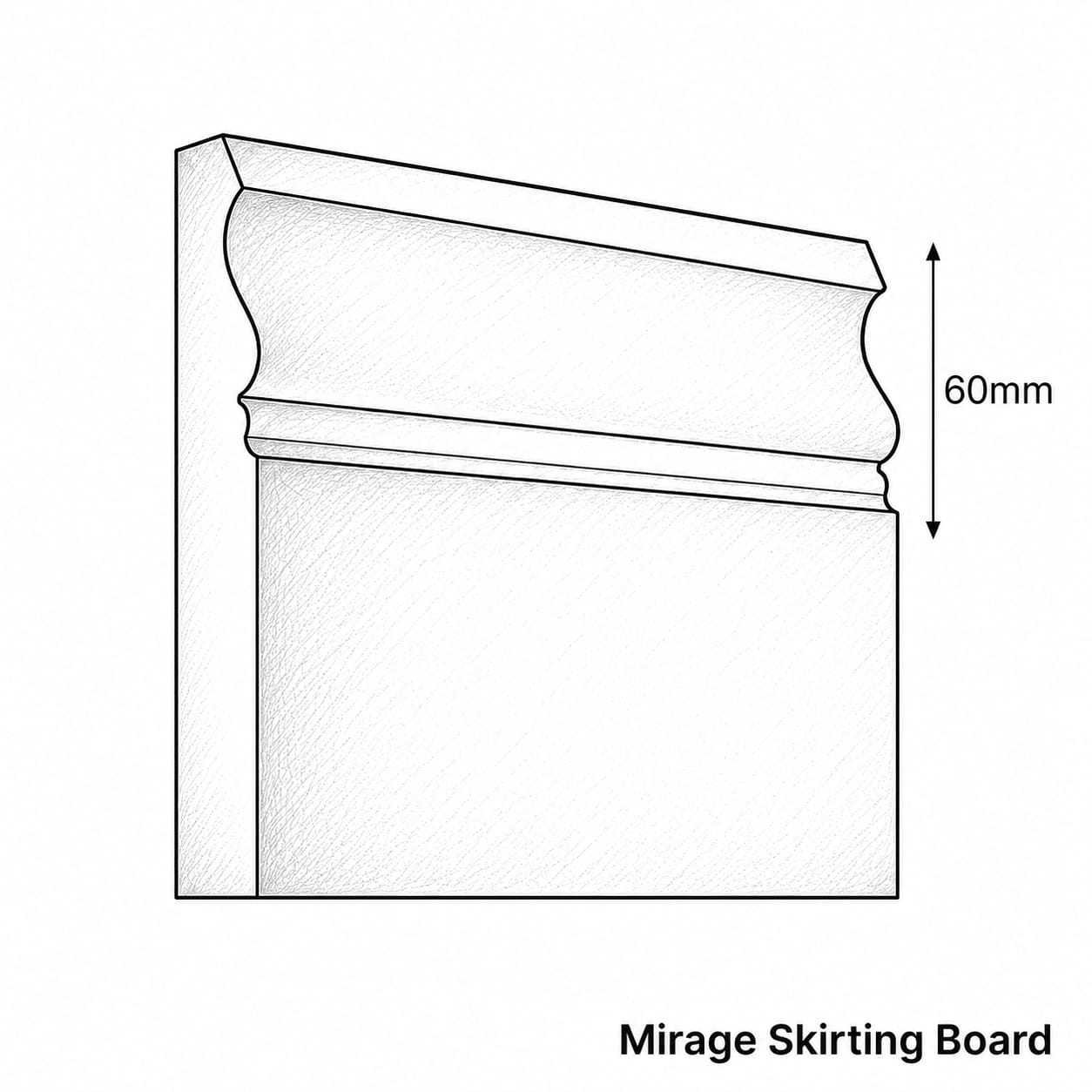 Black and white line drawing of a skirting board profile with a 60mm height dimension marker and the text 'Mirage Skirting Board' below.