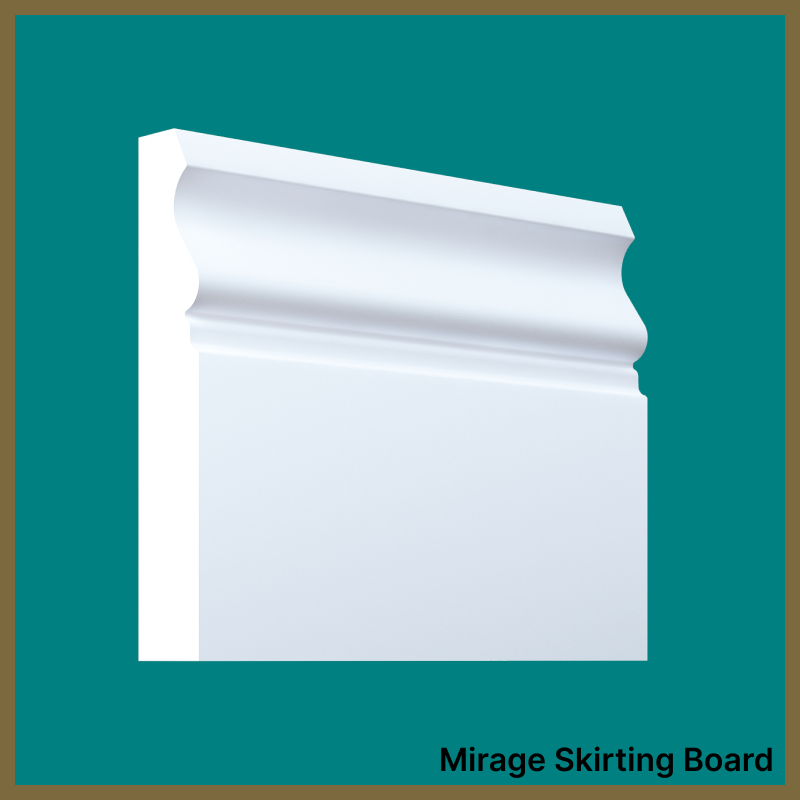 White skirting board on a teal background with 'Mirage Skirting Board' text.