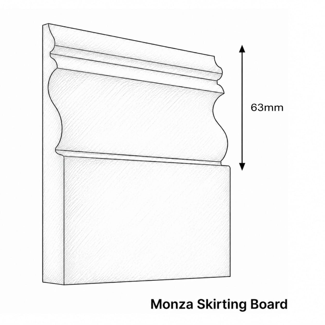 Technical drawing of a Monza Skirting Board with dimensions