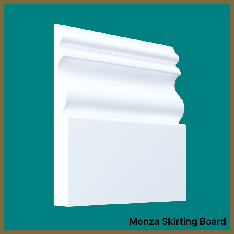 White skirting board on a teal background with 'Monza Skirting Board' text.