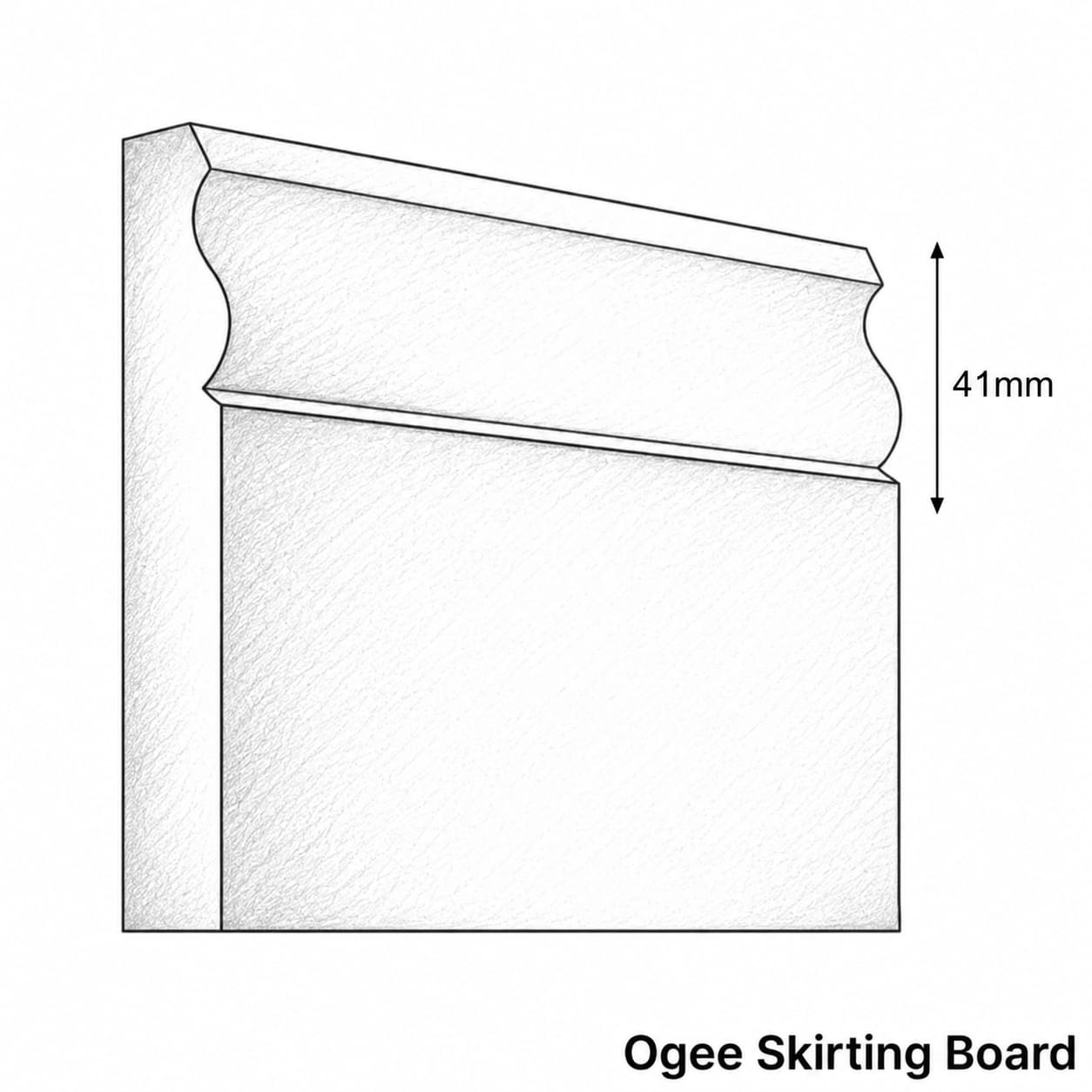 A line drawing of an ogee skirting board profile with a dimension marker showing 41mm height, labelled 'Ogee Skirting Board' on a white background.