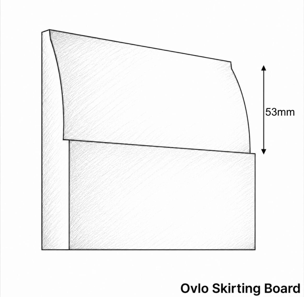 Technical line drawing of an ovlo skirting board section with a dimension marker reading 53mm, on a white background.