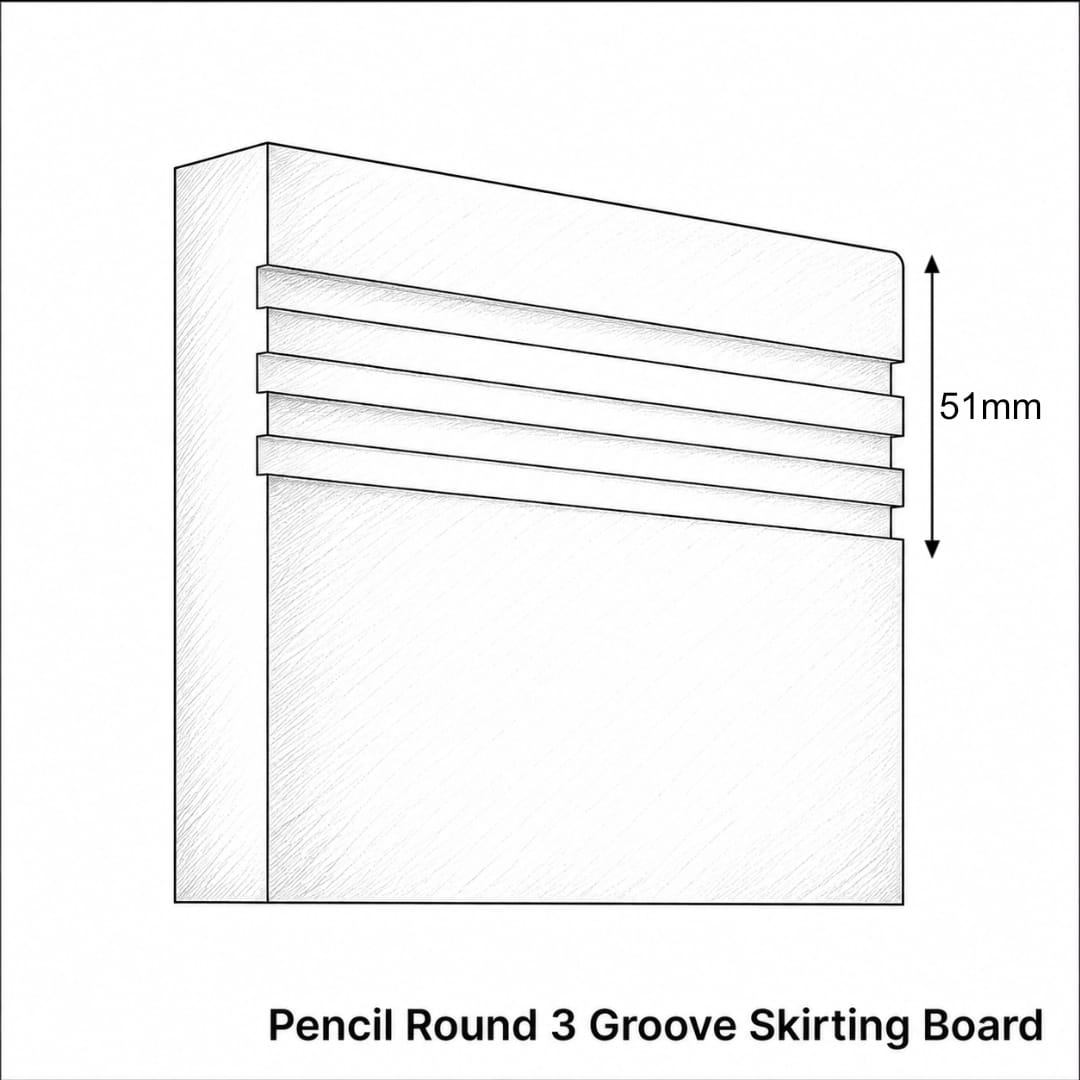 Technical line drawing of a pencil round 3 groove skirting board, showing a side profile with a 51mm dimension marker and the text 'Pencil Round 3 Groove Skirting Board' below.