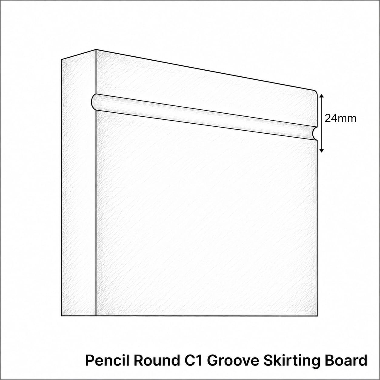 Technical line drawing of a pencil round C1 groove skirting board with a 24mm dimension marker, labeled 'Pencil Round C1 Groove Skirting Board' on a white background.