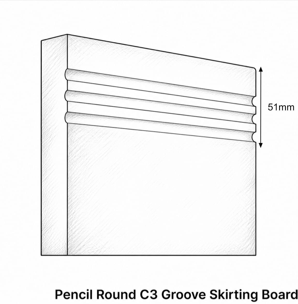 Technical line drawing of a pencil round C3 groove skirting board section with a 51mm dimension marker, on a white background.