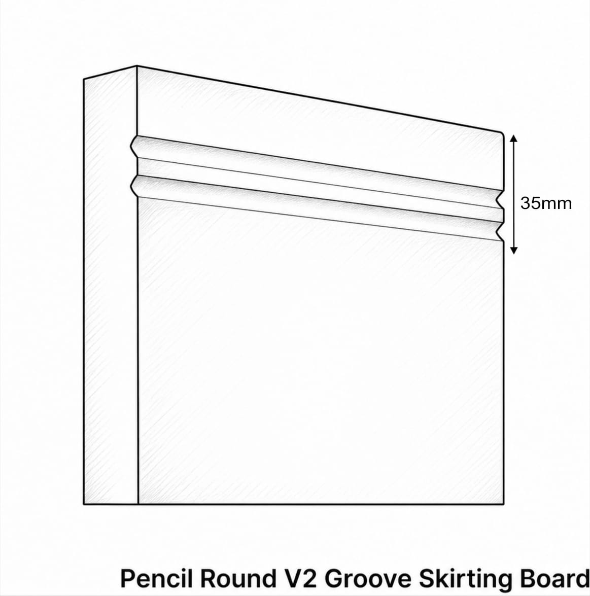 Technical line drawing of a skirting board profile with a 35mm height dimension marker, labeled 'Pencil Round V2 Groove Skirting Board'.