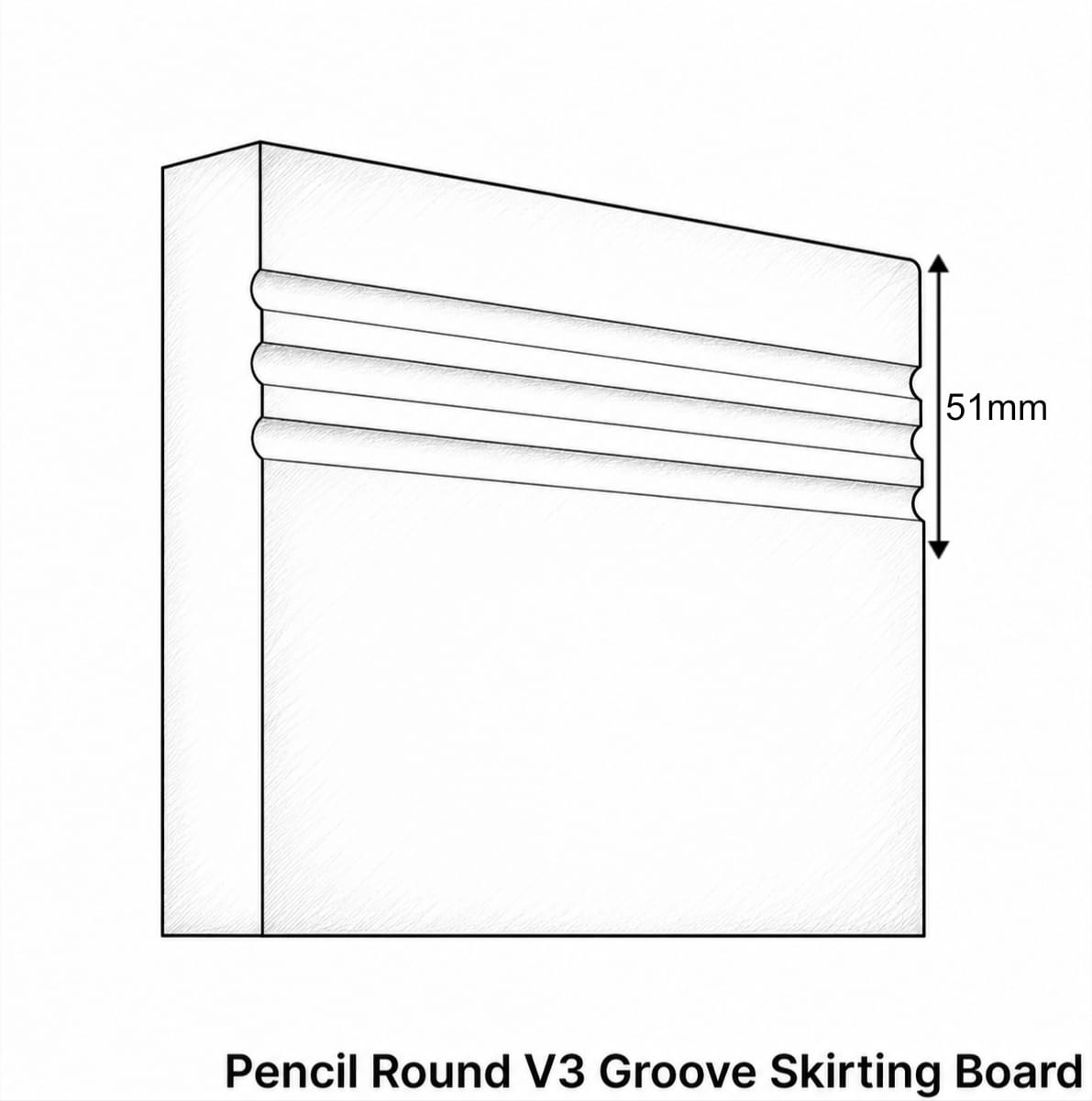 Technical line drawing of a skirting board profile with a 35mm height dimension marker, labeled 'Pencil Round V3 Groove Skirting Board'.