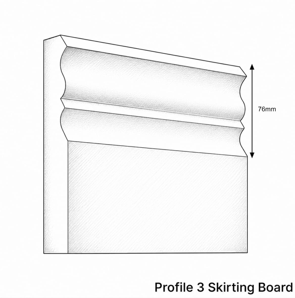 Black and white line drawing of a skirting board profile with a 76mm height dimension marker, labeled 'Profile 3 Skirting Board'.