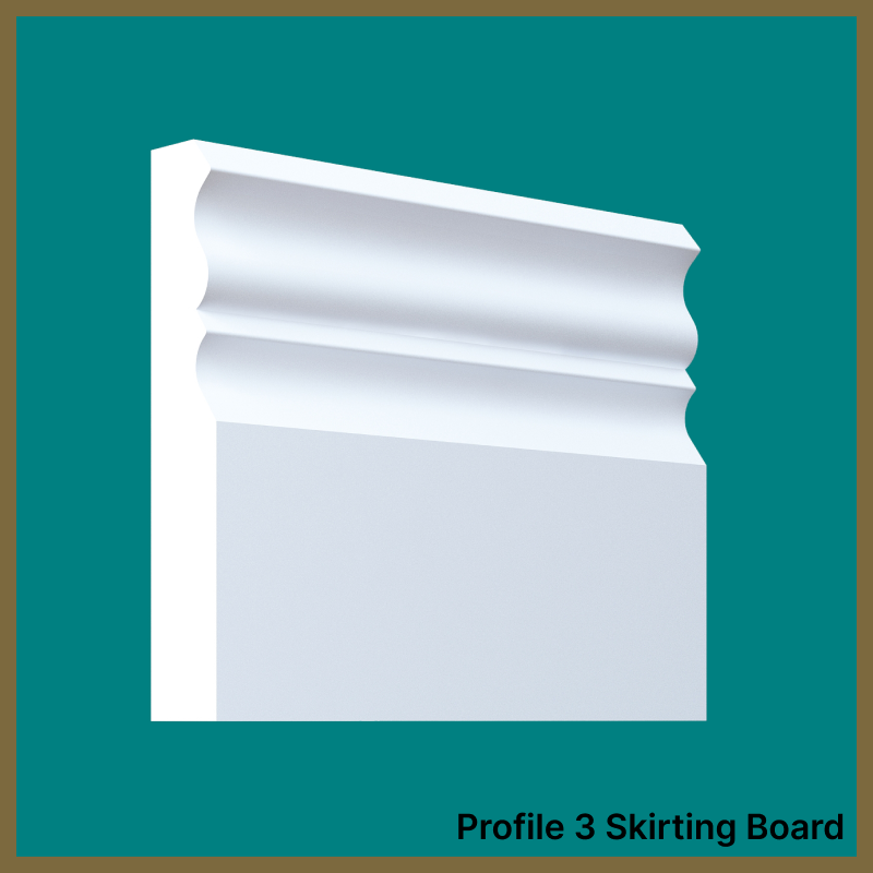 White skirting board profile on a teal background with text 'Profile 3 Skirting Board'.