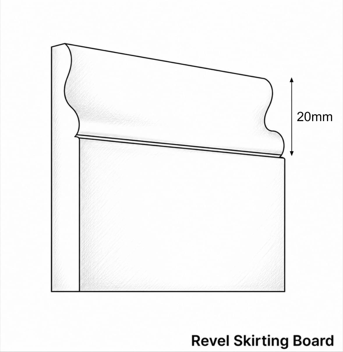 Technical line drawing of a revel skirting board profile with a 20mm height dimension marker, labeled 'Revel Skirting Board' on a white background.