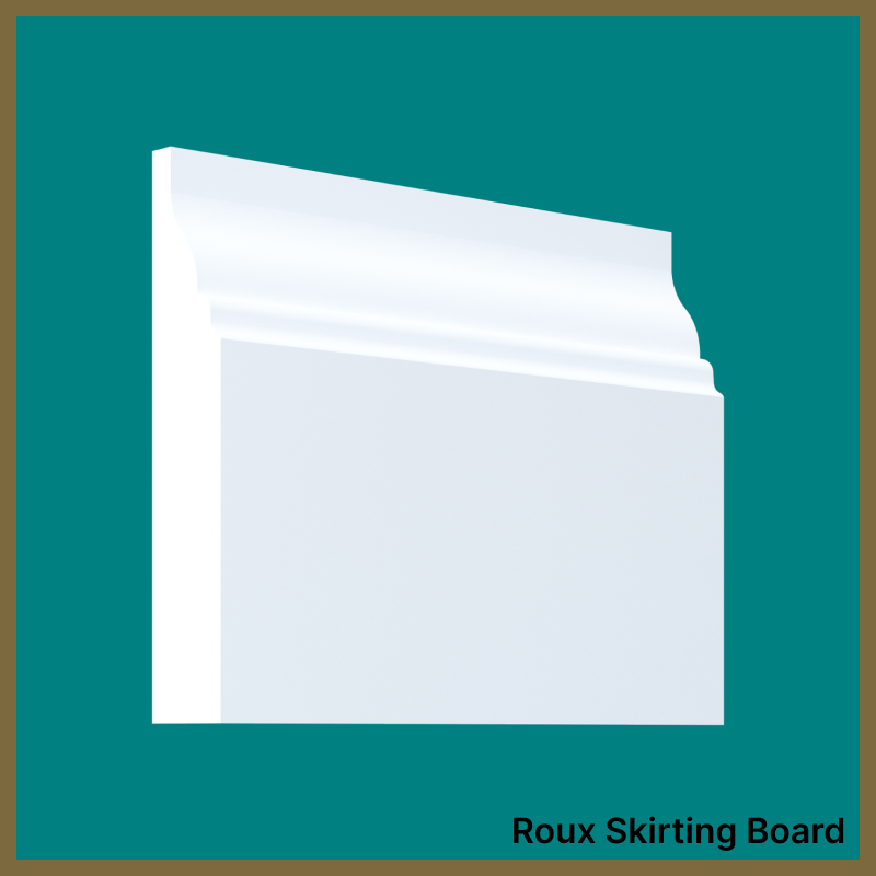White skirting board on a teal background with 'Roux Skirting Board' text.