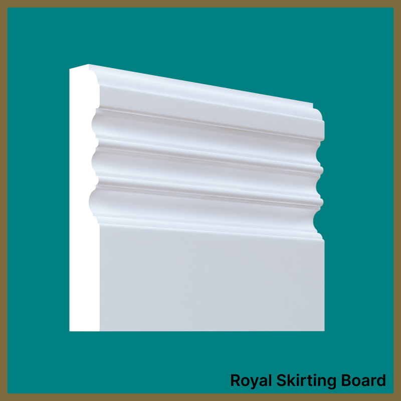 White skirting board on a teal background with 'Royal Skirting Board' text.