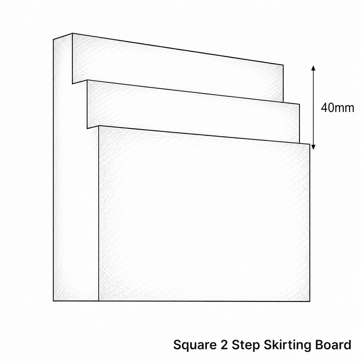 A black and white technical drawing of a square 2-step skirting board, showing a 40mm depth dimension with text reading 'Square 2 Step Skirting Board' below.
