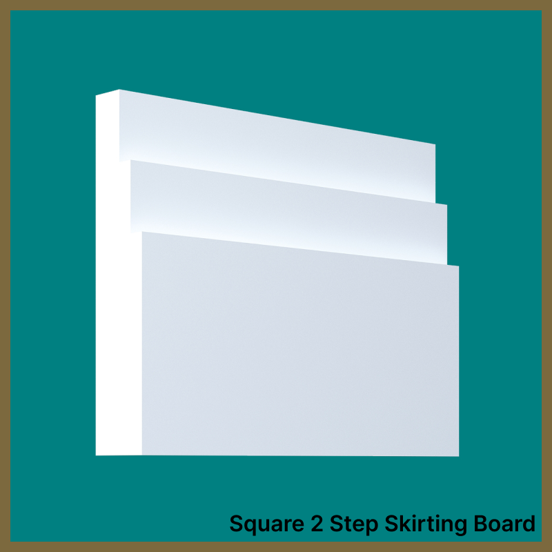 White square 2 step skirting board on a teal background