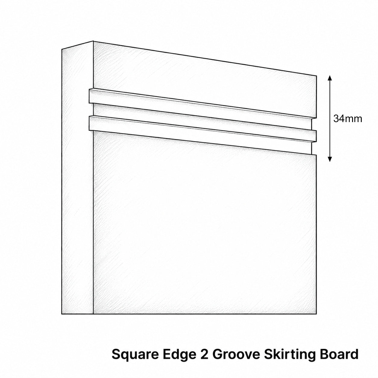 Black and white technical line drawing of a square edge 2 groove skirting board, showing a 34mm height dimension marker and the text 'Square Edge 2 Groove Skirting Board' below.