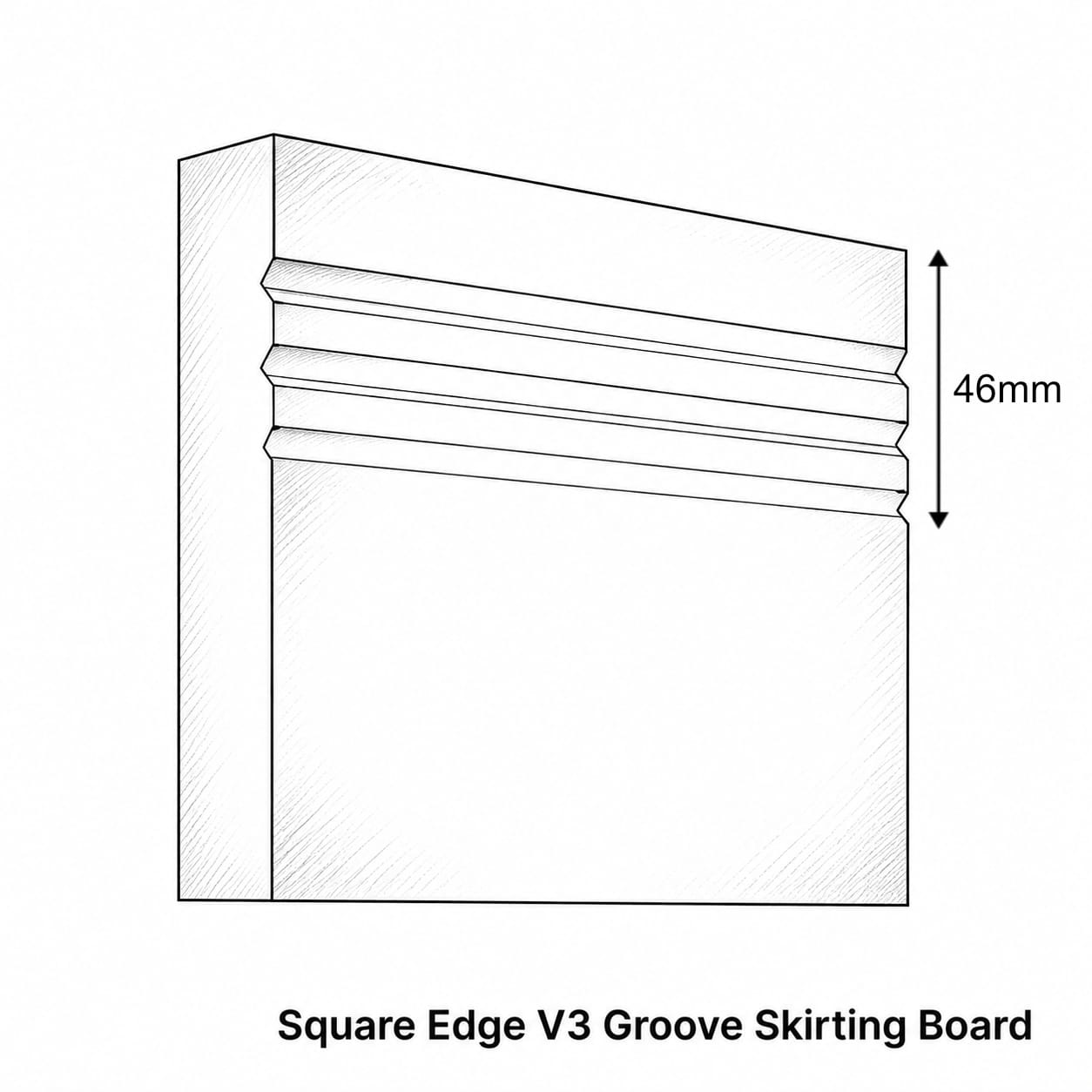 Technical line drawing of a square edge V3 groove skirting board with a 46mm dimension marker, labeled 'Square Edge V3 Groove Skirting Board' on a white background.