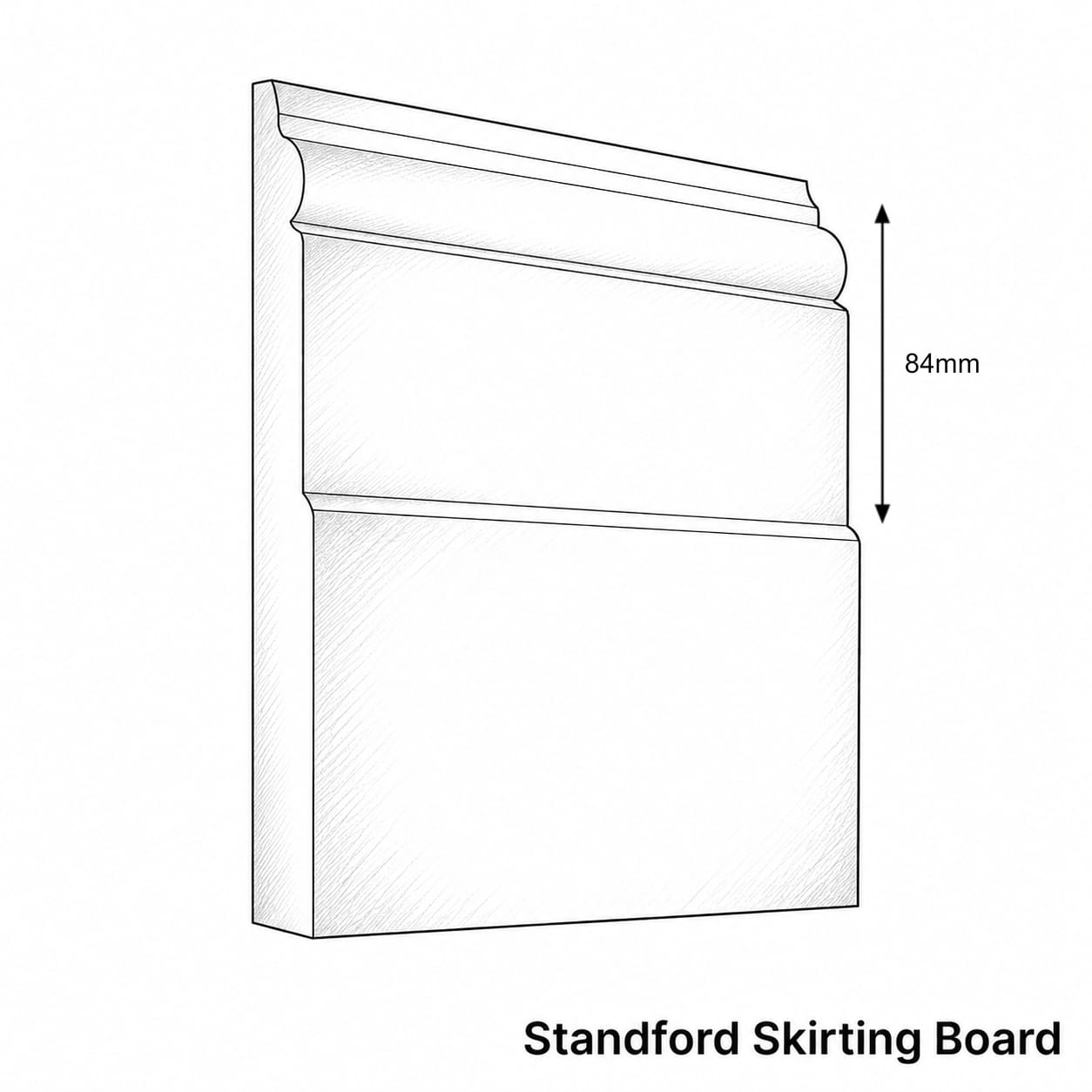 A line drawing of a decorative wall molding piece labeled 'Standford Skirting Board' with a height measurement arrow marked 84mm on a white background.