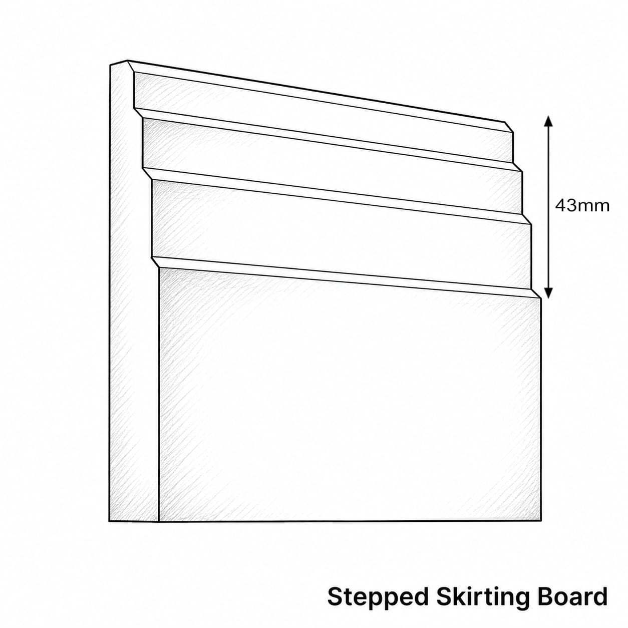 Technical line drawing of a stepped skirting board profile with a 43mm height dimension marker and the label 'Stepped Skirting Board' below on a white background.