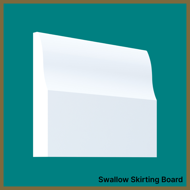 White swallow skirting board on a teal background with text.