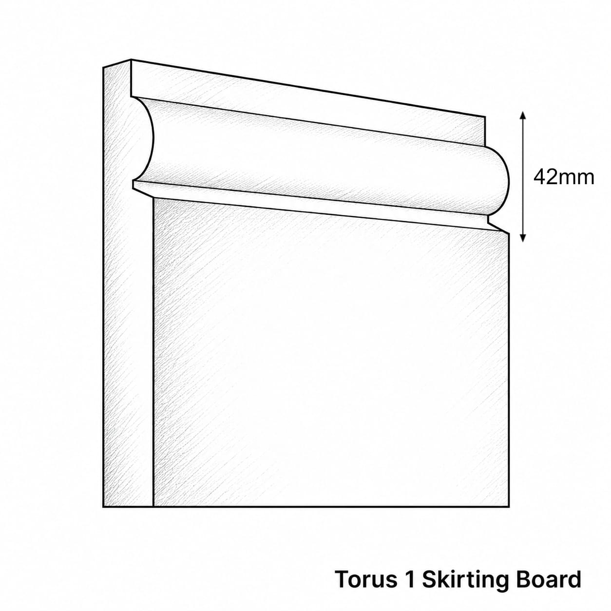 Black and white line drawing of a torus 1 skirting board profile with a 42mm height dimension marker, labeled 'Torus 1 Skirting Board' at the bottom.