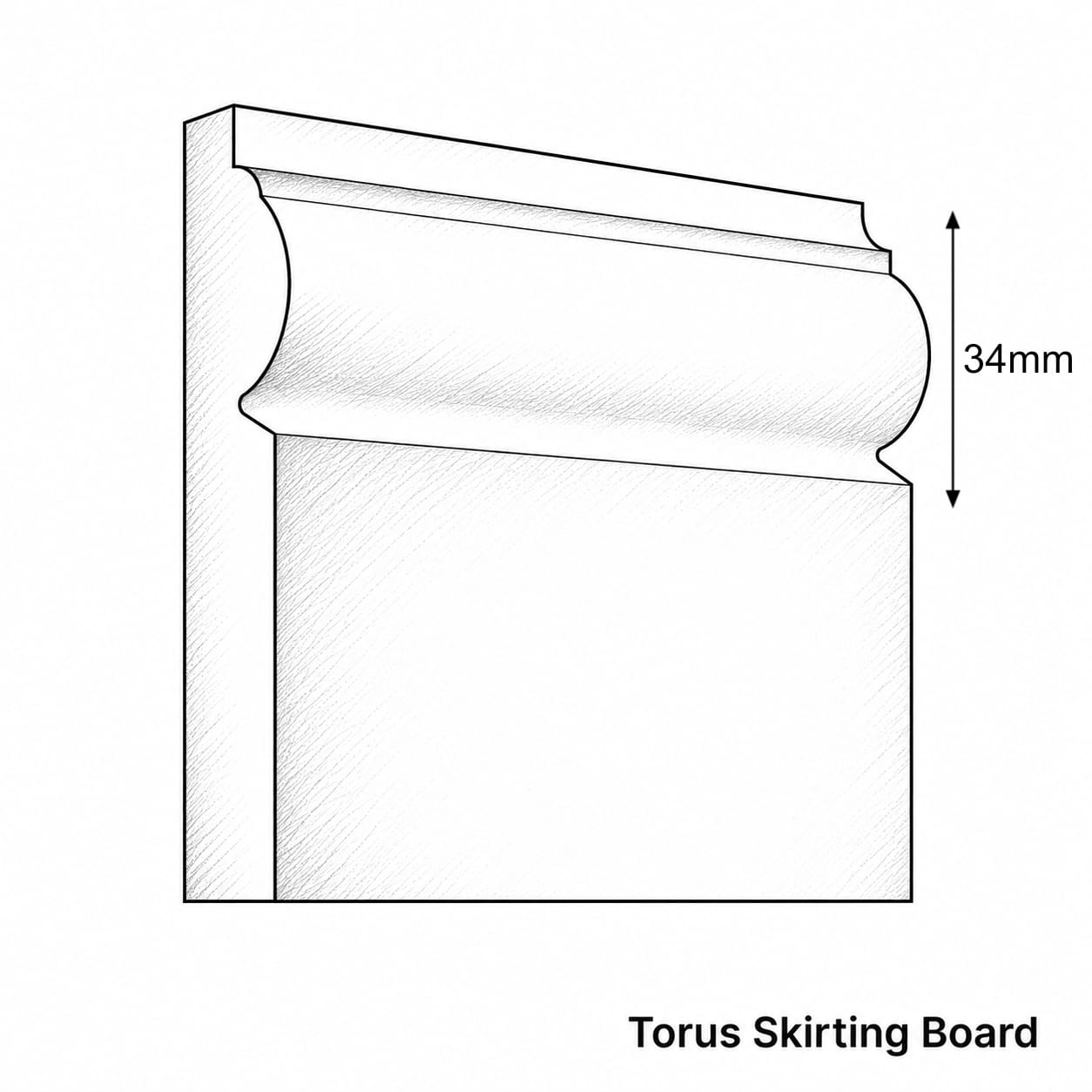 Black and white line drawing of a torus skirting board profile with a 34mm height dimension marker and the text 'Torus Skirting Board' below.