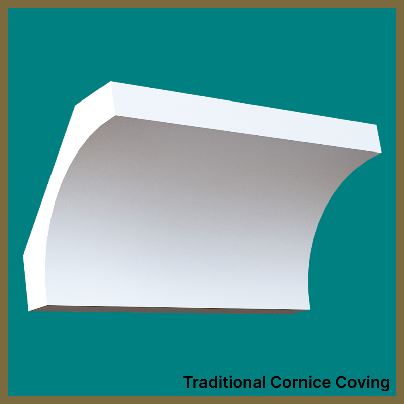 White cornice coving on a teal background with text 'Traditional Cornice Coving'.