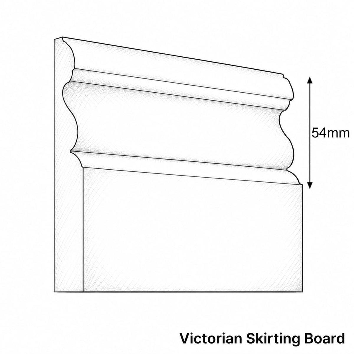 A black and white line drawing of a Victorian skirting board profile with a dimension marker indicating 54mm height, labeled 'Victorian Skirting Board' at the bottom.