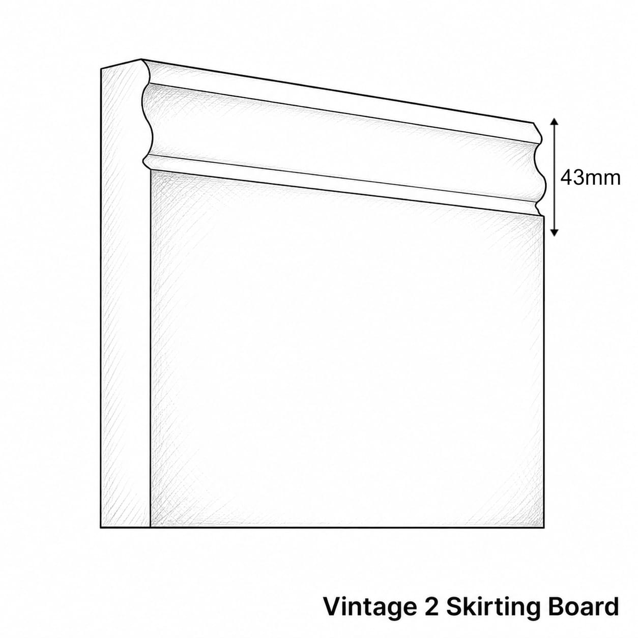 Black and white line drawing of a vintage-style skirting board profile with a dimension marker showing 43mm height, labeled 'Vintage 2 Skirting Board' below.