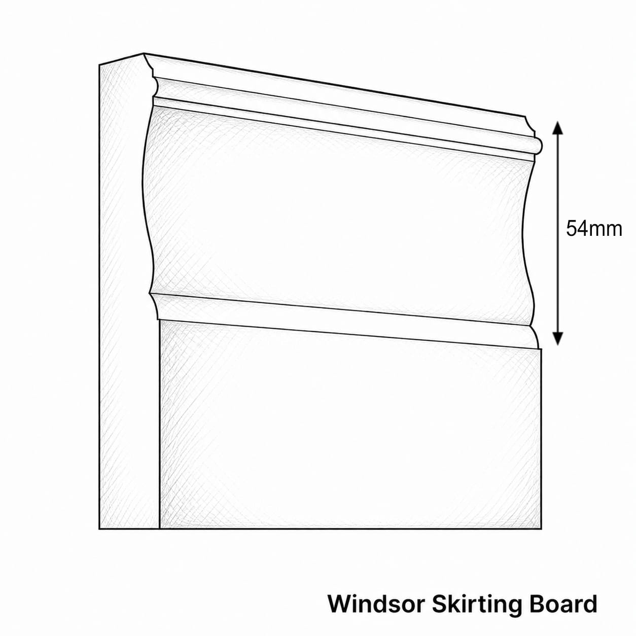 Black and white line drawing of a Windsor skirting board profile with a dimension marker indicating 54mm height, plus the text 'Windsor Skirting Board' below.