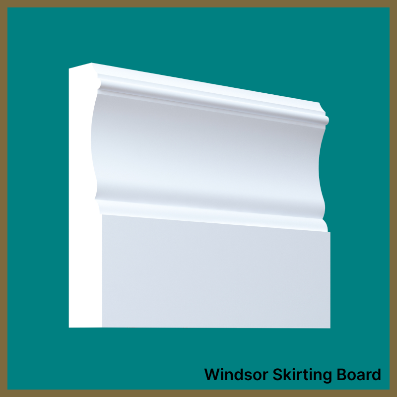 White skirting board on a teal background with 'Windsor Skirting Board' text.