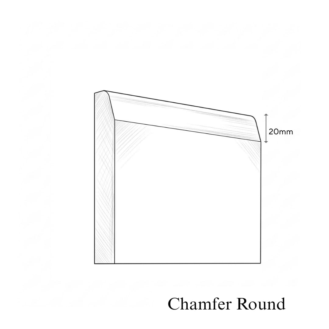 Technical drawing of a chamfered round corner with dimensions on a white background