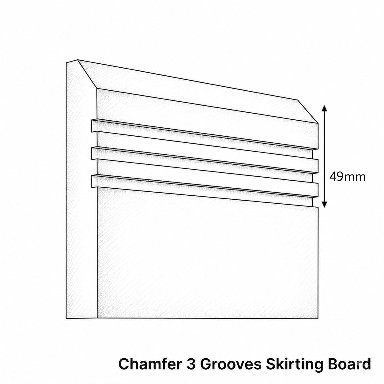 Technical drawing of a chamfered skirting board with three grooves and dimensions.