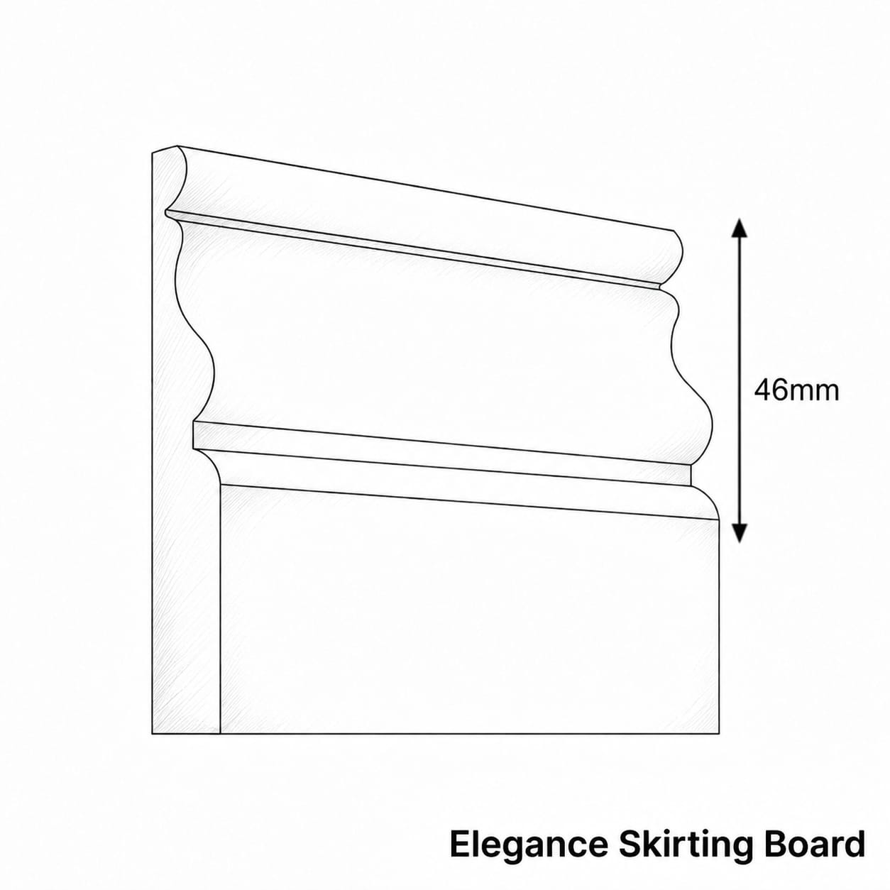 Line drawing of an elegance skirting board with dimensions
