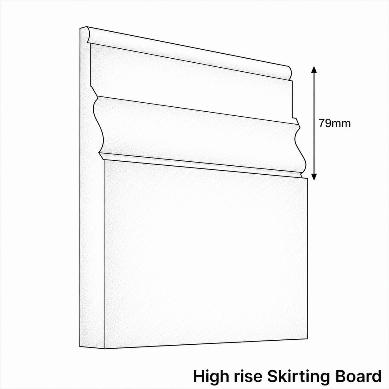 Line drawing of a high rise skirting board with dimensions on a white background