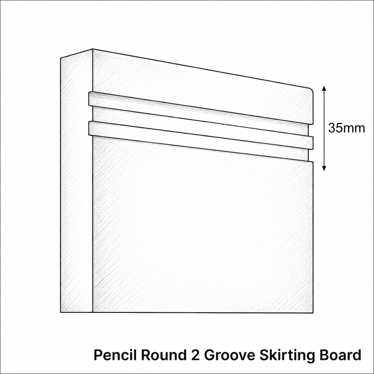 Technical line drawing of a pencil round 2 groove skirting board with a 35mm height dimension marker, on a white background with the text 'Pencil Round 2 Groove Skirting Board' below.