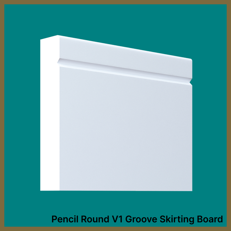White skirting board with pencil round V1 groove on a teal background