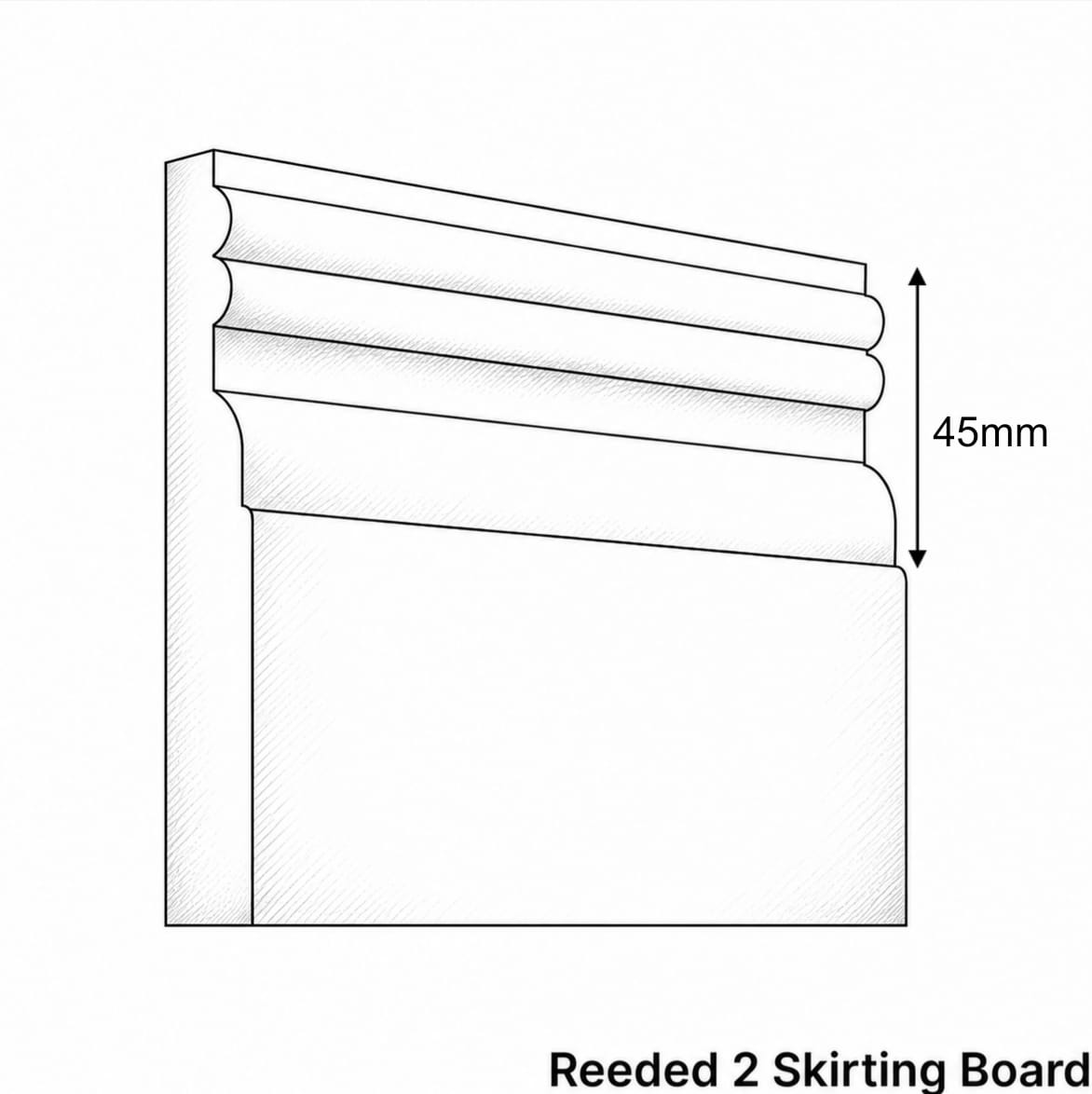 Black and white line drawing of a reeded 2 skirting board profile with a 45mm height dimension marker, labeled 'Reeded 2 Skirting Board' at the bottom.