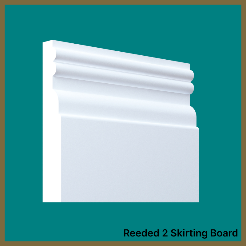 White reeded 2 skirting board on a teal background