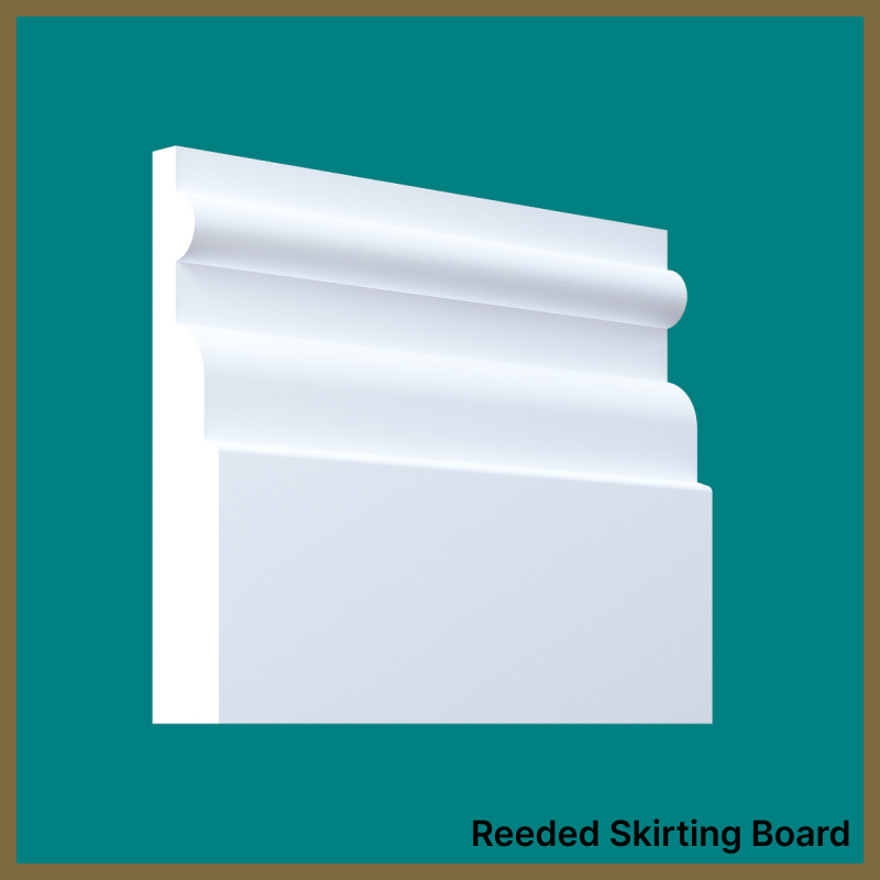 White reeded skirting board on a teal background
