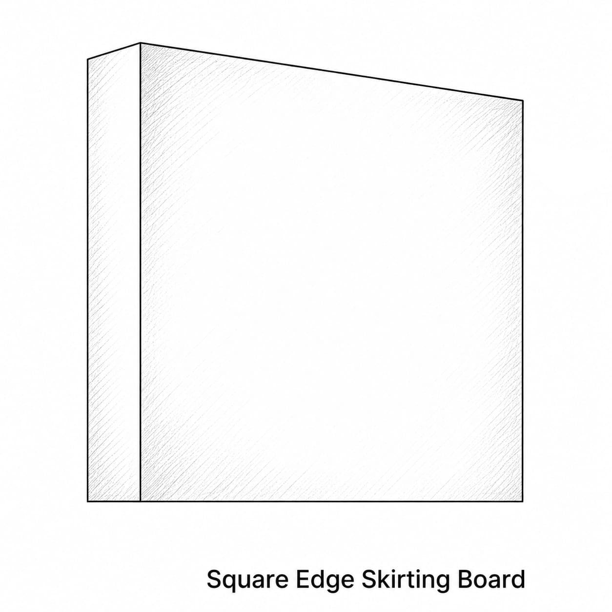 A simple line drawing of a square-edged skirting board with a 0mm height label and the text 'Square Edge Skirting Board' below on a white background.