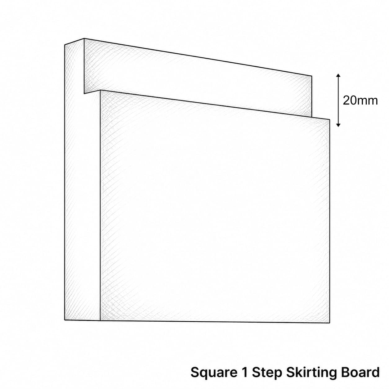 A black and white line drawing of a square 1 step skirting board with a 20mm height dimension marker, labeled 'Square 1 Step Skirting Board' at the bottom.