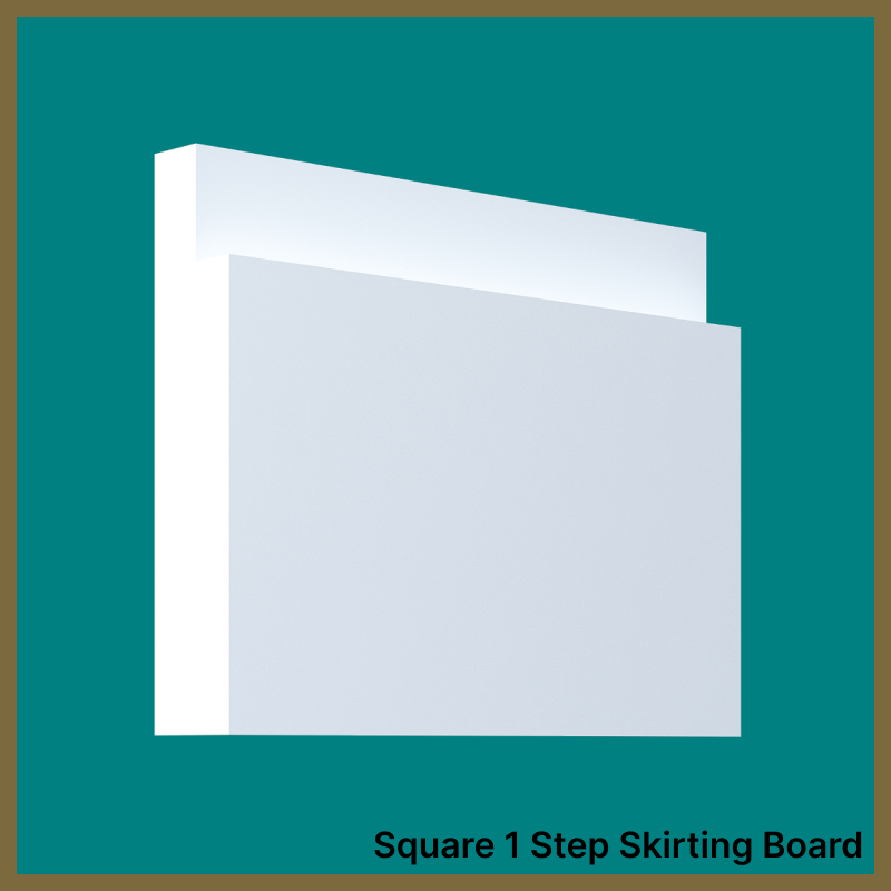 Square 1 Step Skirting Board on a teal background